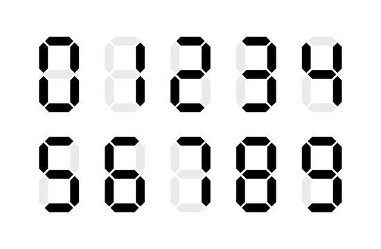 Digital display Monochrome digits digital numbers symbol Icon set. Black numbers, numerals. Clock, Stopwatch, Scoreboard, Calculator, electronic meter. Seven segment. Vector illustration