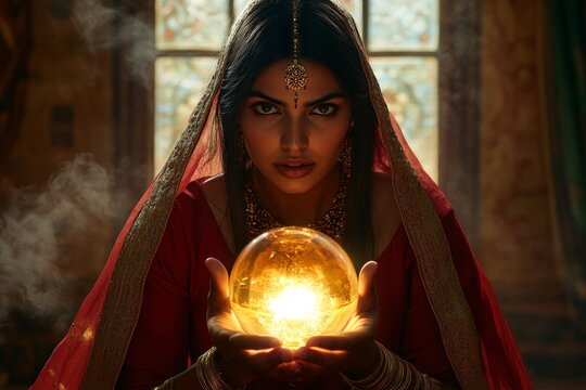 A mystical gypsy fortune teller seen close-up, holding a clairvoyance ball, symbolizing witchcraft, mysticism, and extrasensory perception