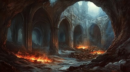 A fiery cavern reveals ancient ruined gothic architecture