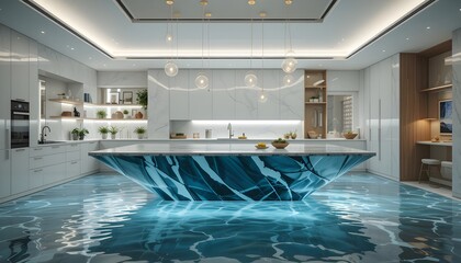 Obraz premium Modern Kitchen with Floating Island, Futuristic Design, Unique Interior