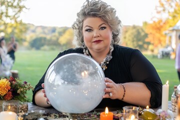 Naklejka premium A street-side fortune teller in black attire is positioned at her table