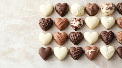 Minimalist design of luxury chocolates arranged in a heart pattern on a marble surface, modern Valentine mood