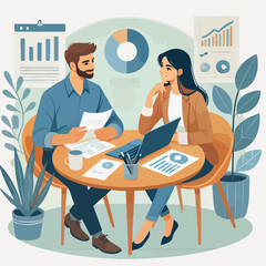 Partners meeting for business discussion with documents and laptop on desk. Couple at round table, speaking, discussing work, partnership. Flat vector illustration isolated on white background