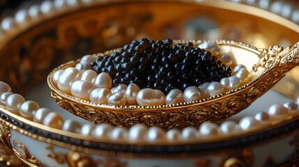 A spoonful of black and white pearls is placed on a gold bowl