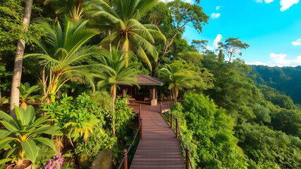 Fototapeta premium Tropical Rainforest Wellness Retreat Send the winner to a tropical rainforest wellness retreat, focusing on rejuvenation and self-discovery. The experience includes yoga and meditation sessions, spa t