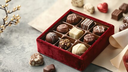 Elegant red velvet gift box with assorted chocolates, tied with a satin ribbon, Valentine luxury