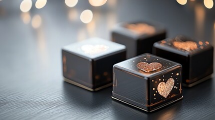 Chocolate gift box with holographic Valentine designs, glowing in lowkey lighting