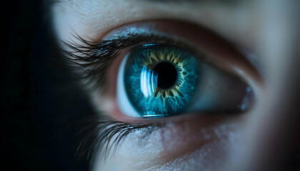 Fototapeta premium Close-up of an eye with striking blue color, showcasing intricate details and a captivating gaze.