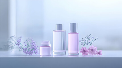 Elegant cosmetic bottles arranged beautifully with delicate flowers on a bright background, perfect for beauty themes.