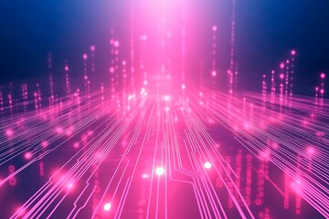 Bright neon pathway with glowing vertical light beams in pink and blue tones, evoking futuristic and digital technology themes.
