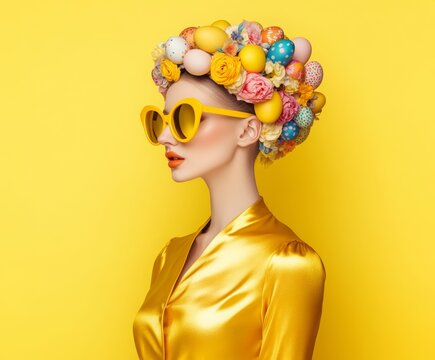 profile portrait of a woman in golden blouse, wearing yellow sunglasses and a wig made of colorful easter eggs and blooming spring roses, posing against yellow background