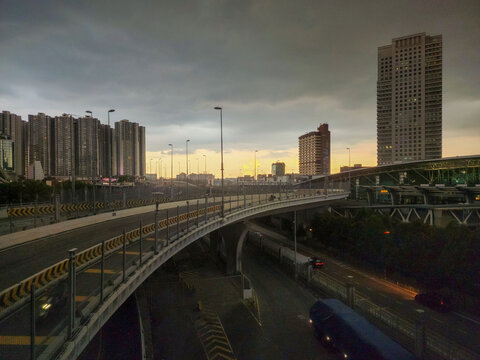 Golden hour of nearby Checkpoint Malaysia. Twilight view of Johor Bahru Malaysia.
