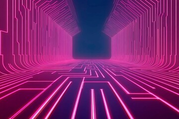 Bright neon pathway with glowing vertical light beams in pink and blue tones, evoking futuristic and digital technology themes.
