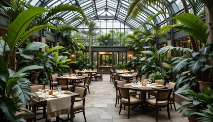 Obraz premium Indoor Garden Restaurant, Lush Greenery, Dining Area, Nature Setting