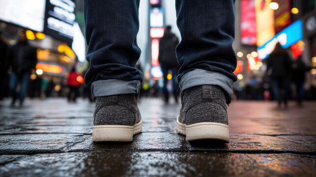 A person's feet standing on a wet street, reflecting the urban atmosphere and daily life struggles - Chaos