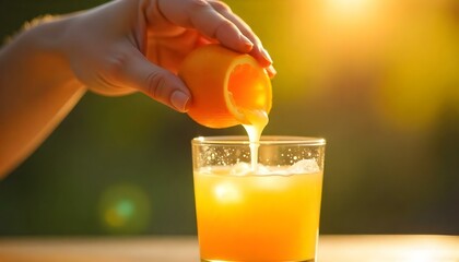 A hand presses a ripe, vibrant orange, releasing fresh juice into a glass as sparkling droplets catch the light.