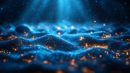 Abstract dark blue and emerald glitter shimmer creating a magical underwater space with a chaotic, de-focused effect evoking mystery, depth, and the unknown

