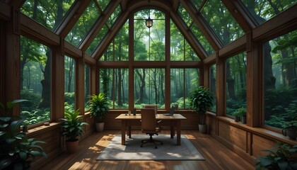 Fototapeta premium Modern Office with Forest View, Natural Setting, Tranquil Workspace