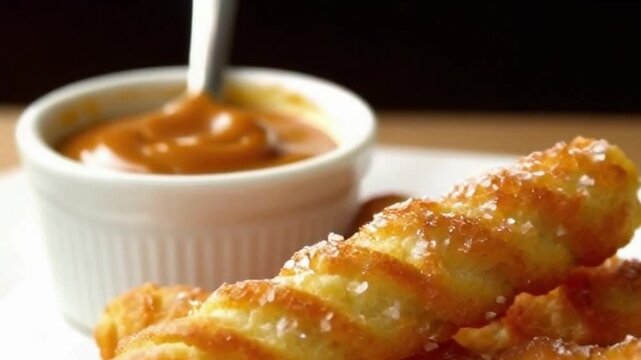 Close-up of churro sugar sparkling blurred ramekin caramel sauce adding warmth