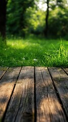 Fototapeta premium Weathered wooden planks or decking boards on a lush green grass lawn or meadow background with vibrant foliage and leaves Natural rustic surface texture with copy space for design template or mockup