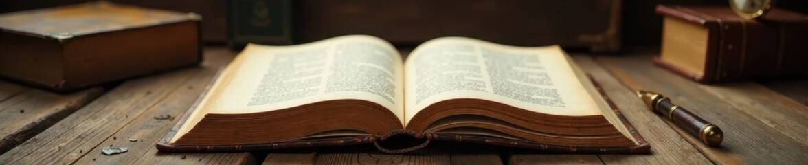 Fototapeta premium Leather-bound book on a wooden desk with quill pen, study room, quill pen, parchment paper