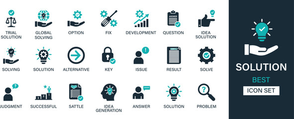 Solution icon set collection. Global solving, option, fix, development, question, idea solution, alternative, key, issue and best solid icon set.