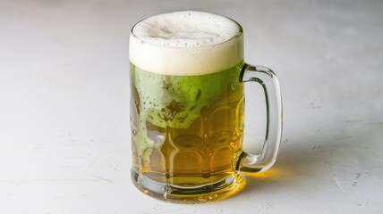 A glass of green beer with thick head, perfect for St. Patrick's Day celebrations.