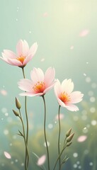 Ethereal Pink Cosmos with Falling Petals Against Dreamy Blue-Green Background
