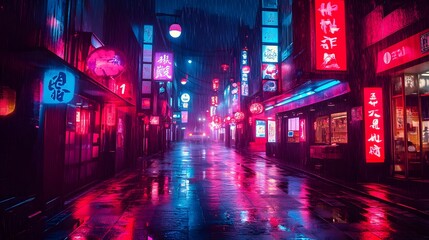 A vibrant night scene of an empty street illuminated by neon lights in a rainy urban setting.