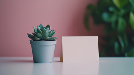 Succulent in a light blue pot with a blank card on a white table against a muted pink wall. Perfect for minimalist home decor inspiration.