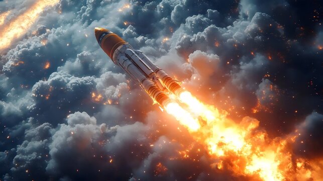 A rocket is flying through the sky with a bright orange flame trailing it
