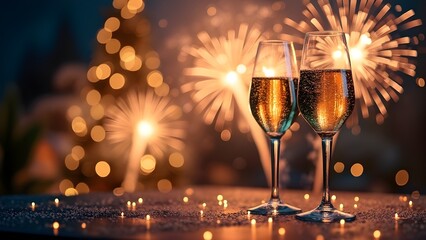Celebration With Champagne Glasses and Fireworks on a Festive Evening
