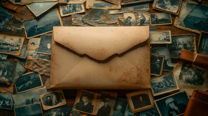 A vintage envelope rests on a collection of old photographs, evoking nostalgia and memories of the past.  The sepia tones and worn edges add to the antique charm.