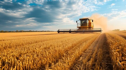 Obraz premium A powerful combine harvester working in a golden wheat field under a dramatic sky.