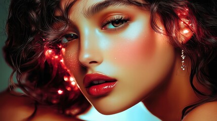 Fototapeta premium woman with glossy lips, radiant makeup, and sparkling red accents in her hair