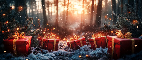 Fototapeta premium Red gift boxes with golden ribbons in a snowy forest illuminated by warm sunset light and glowing fairy lights