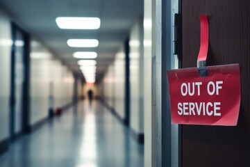 Notice Taped to Door of Empty Office Hallway Under Bright Fluorescent Lighting Indicating Area That Is Out of Service and Unavailable for Use