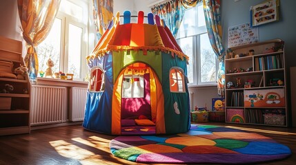Fototapeta premium A colorful play tent in a cozy, sunlit children's playroom. Wooden shelves with toys and books. Warm, inviting atmosphere. Concept of childhood joy