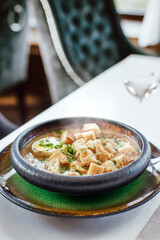 Polish quail soup with boiled egg, sausage and croutons. Healthy dish, organic food.