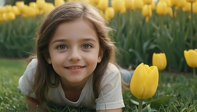 young kid smile crawling on grass ground with yellow tulip blooming at nature park, beautiful detailed eyes, beautiful detailed lips, extremely detailed face and features, long eyelashes, elegant pose