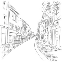 Historical town in modern minimalist style, mono line vector illustration. Town old street one line drawing.