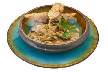 A dish of mushrooms, vegetables and meat, with grilled bread. Healthy dish, organic food, White background.