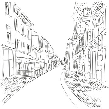 Historical town in modern minimalist style, mono line vector illustration. Town old street one line drawing.