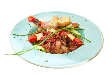 Vegetable and grilled meat salad with cheese skewers and toast. Healthy dish, organic food, White background.