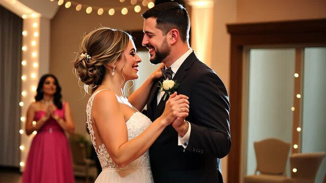 Capturing the tender moment of a bride and groom's first dance, a romantic interplay of love and celebration as they sway under soft, warm lights.