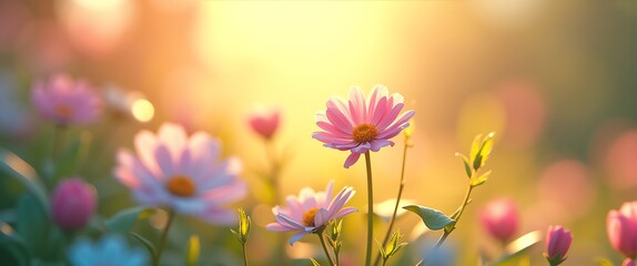 Obraz premium Blooming Pink Flowers in Golden Sunlight