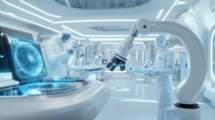 Futuristic laboratory with robots and holographic microscopes.
