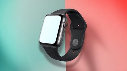 Modern Smartwatch Mockup with Black Strap and Blank White Screen on Gradient Teal and Coral Background