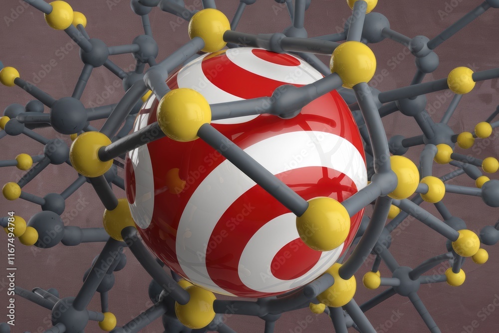 Poster a red and white sphere enveloped by a complex molecular structure, representing scientific innovatio