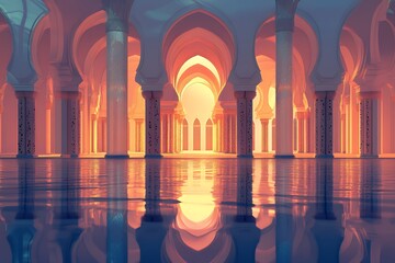 Serene Sunset Illuminates Grand Hall Columns and Arches